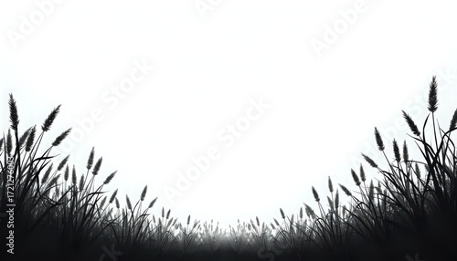 A black and white photo of tall grass blowing in the wind.
