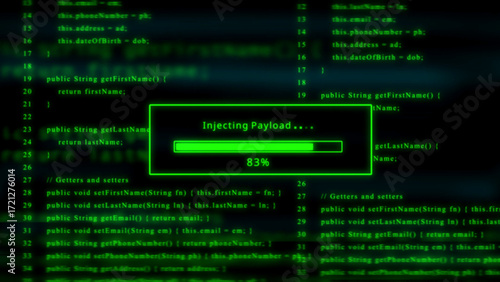 Green glowing progress bar shows 83% injecting payload over scrolling code programming hacking