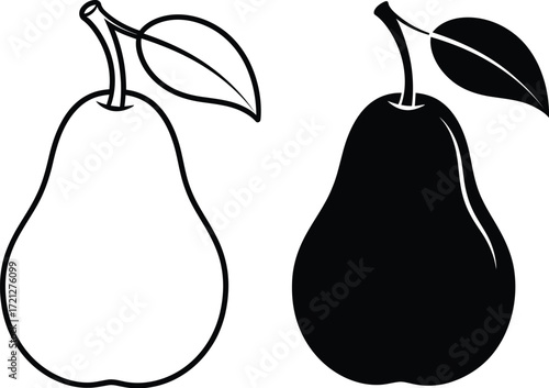 Simple outline and silhouette of a fresh pear with a leaf on a stem