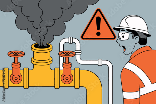 Shocked engineer witnesses industrial pipe leak emitting thick smoke and warning sign