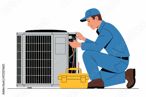 Skilled technician repairing air conditioning unit with tools performing hvac maintenance service