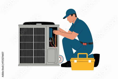Skilled hvac technician performing air conditioner repair service maintenance with tools and equipment indoors on