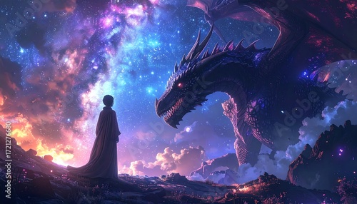 A young person stands before a majestic dragon in a vibrant starry night sky