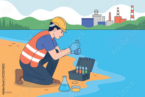 Environmental scientist conducts water quality testing near industrial site promoting public health and safety through scientific research