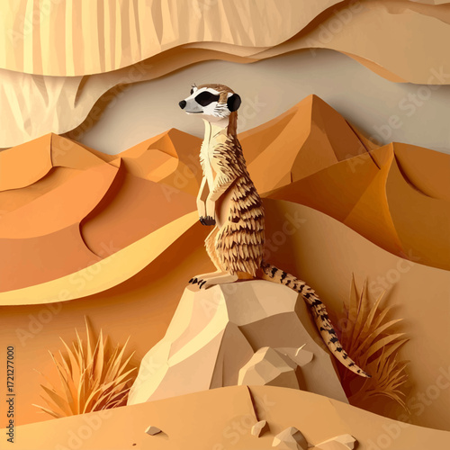 Meerkat Sentinel Paper Cutout Animal in Desert Landscape