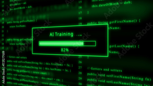 Green computer code with AI training progress bar at 82 percent Keywords: computer code, programming, coding, software, artificial intelligence, AI, training, progress, loading, bar, screen