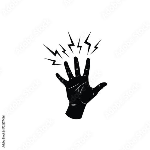 A black silhouette of a hand with lightning bolts emanating from the fingers represents power, energy, or danger
