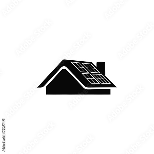Black silhouette of a house roof with solar panels, represents renewable energy, sustainability, and eco-friendly living