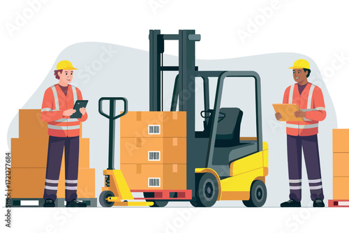 Warehouse workers and forklift logistics scene with boxes and pallet jack representing material handling and delivery operations