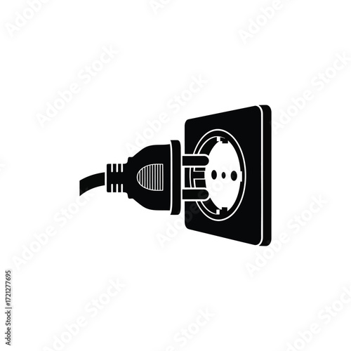 Black and white vector illustration of an electrical plug in a socket