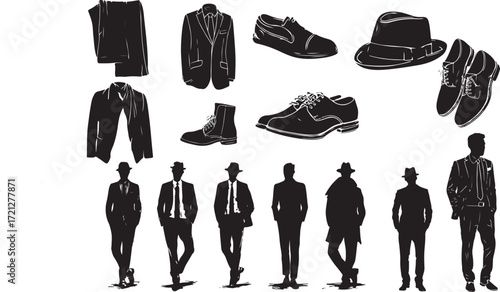 Vector illustration of fashion model and clothing silhouettes set