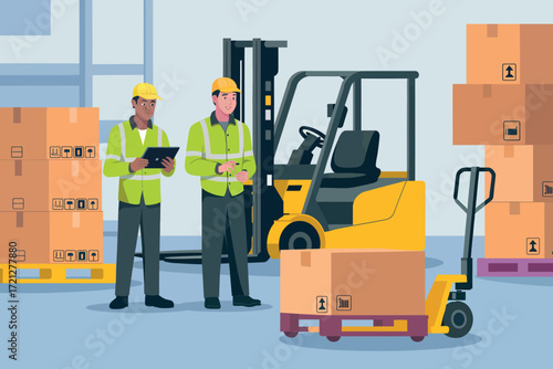 Warehouse team with forklift and hand pallet jack organizing cargo boxes for efficient logistics and supply chain management operation