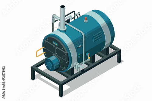Industrial boiler machine with pipes and metal frame isometric view for manufacturing and power generation concepts
