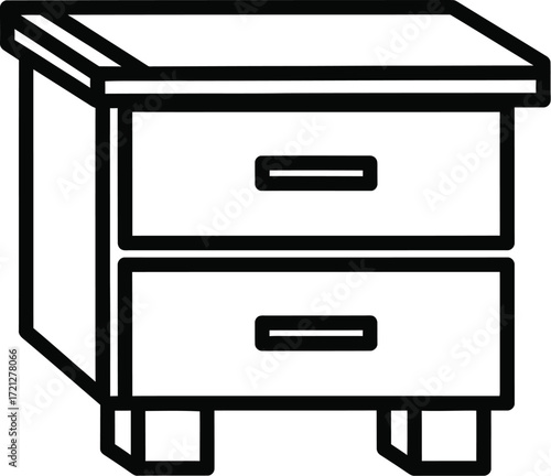 Simple line art illustration of a two-drawer nightstand with clean, modern design