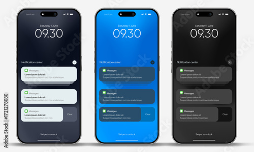 Smartphone notification center template, displaying alerts and new message on screen