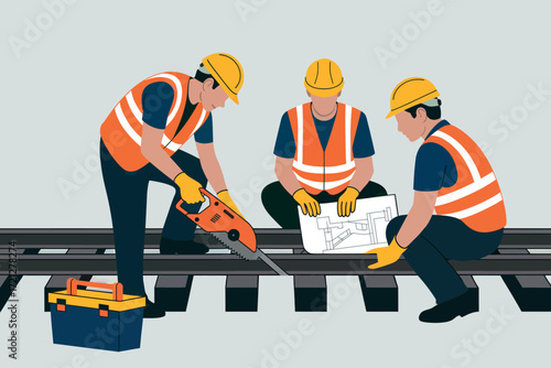 Construction workers collaborate on railway tracks with tools and blueprints ensuring project success and safety in a team effort.