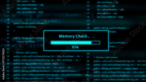 Computer code with memory check progress bar and 83 percent loading in cyan programming software