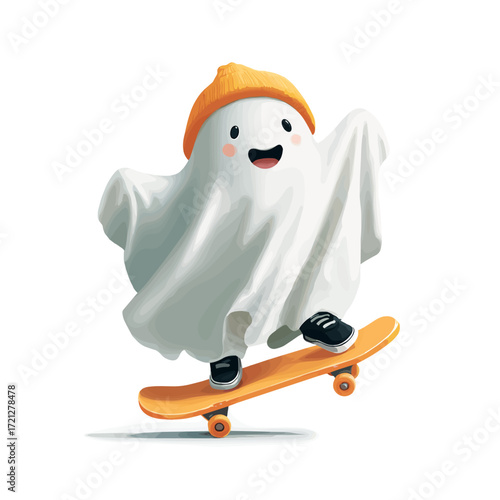 Cheerful ghost riding a skateboard wearing a beanie and sneakers  