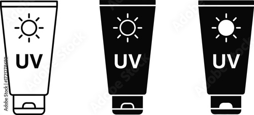 Sunscreen tubes with UV protection symbol for skin care on a clean background