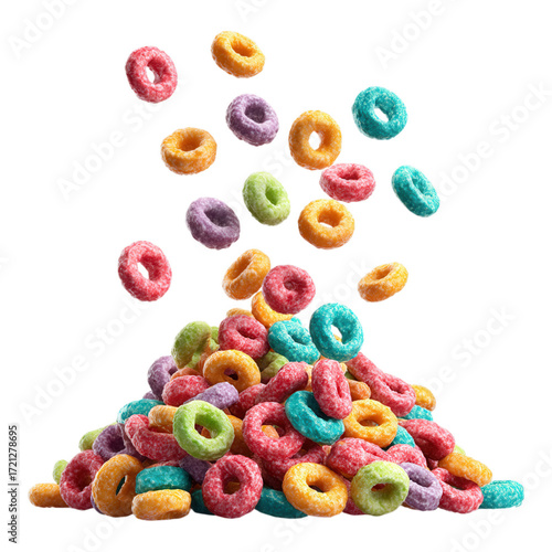 A Pile of Colorful Ring Cereal Breakfast Food Floating in transparent background