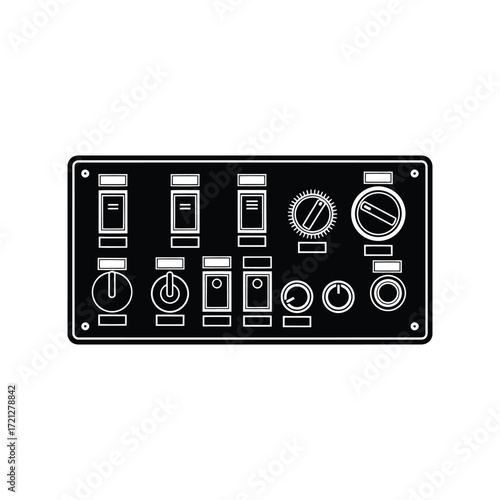 Control panel with switches and knobs interface element for industrial equipment and machinery, vector illustration