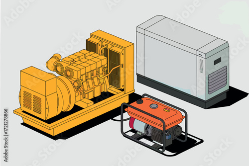 Various power generators including a large yellow unit and a smaller red portable generator with a storage unit