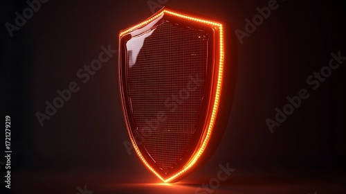 3D render of a glowing, red, illuminated shield with a dot matrix display.