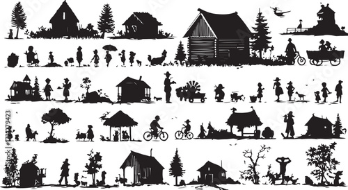 Set of church vector illustrations with buildings and village design elements