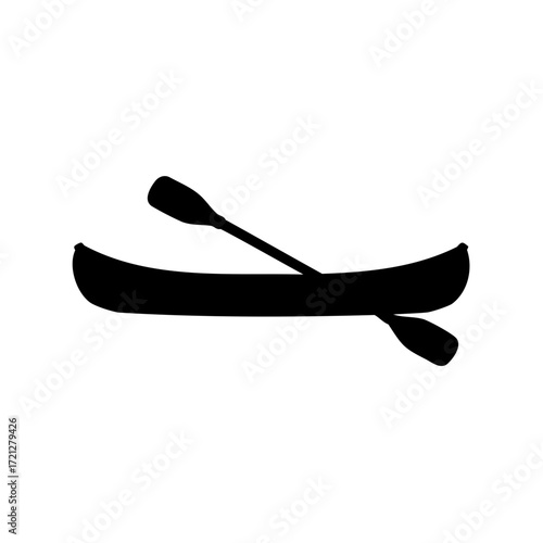 Simple black silhouette of a canoe with a paddle across the frame