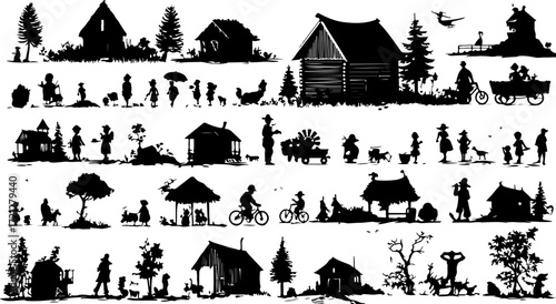 Vector illustration of church and village in forest at night