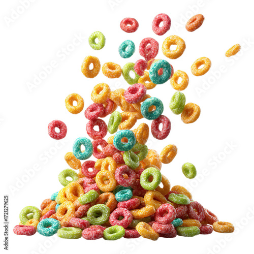 A Pile of Colorful Ring Cereal Breakfast Food Floating in transparent background