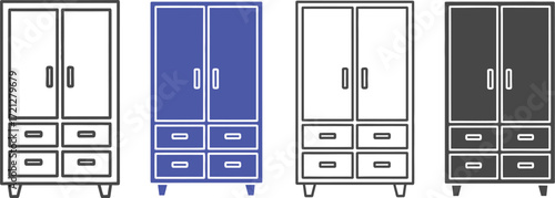 Collection of stylized wardrobes in different colors and styles, representing storage and organization options.