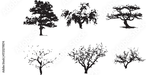 Set of tree silhouettes vector illustration with nature design elements