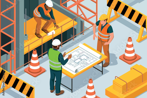 Construction workers collaborate on blueprints in isometric view showing site safety and planning for a new project with detailed diagrams