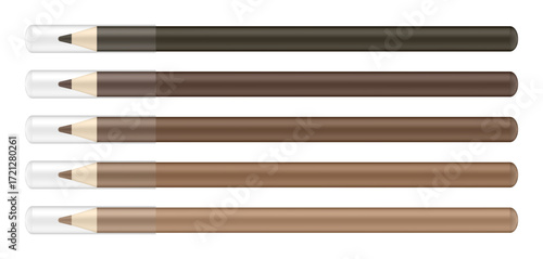 Set of cosmetic pencils, long ond thin wooden brow liners with transparent caps. Shades of brown