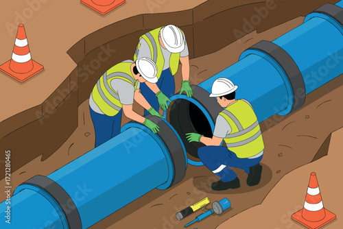 Construction workers in high-visibility vests repair large blue pipes in a trench safety cones marking the area