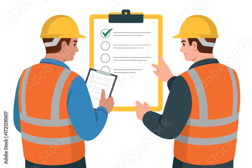 Two construction workers in hard hats and safety vests reviewing a checklist on a clipboard during an inspection or project planning session