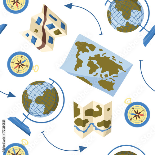 Vector seamless pattern with world map, globe and travel items. Exploration, adventure and journey concept.