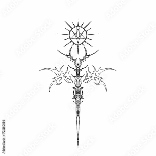 Occult spear symbol with pentagram sun and tribal flames, gothic vector design for tattoo, metal logo, or dark fantasy artwork