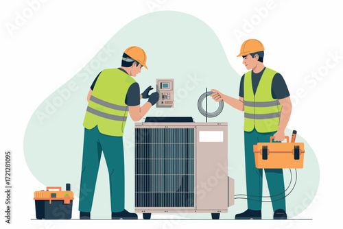 Professional hvac technicians performing air conditioner repair and maintenance services with tools and equipment for optimal home comfort and efficiency.