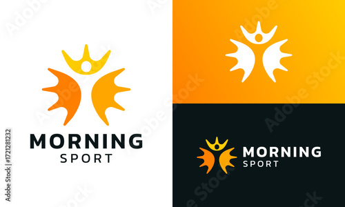Morning sport logo design. Abstract sun concept vector design with people symbol graphic icon