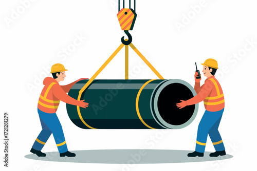 Construction workers safely lift heavy industrial pipe with crane teamwork and precision for infrastructure projects