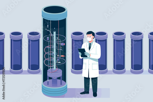 Scientist in lab coat examining tall cylindrical specimen amidst row of identical samples for research and development