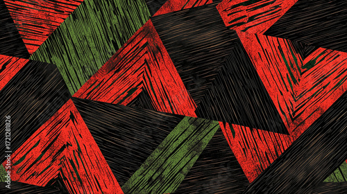 Subtle African textile pattern in muted red, black, and green tones, minimalistic background for Black History Month.