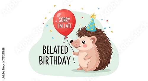 A cheerful hedgehog, wearing a party hat and holding a red balloon, delivers a belated birthday message.