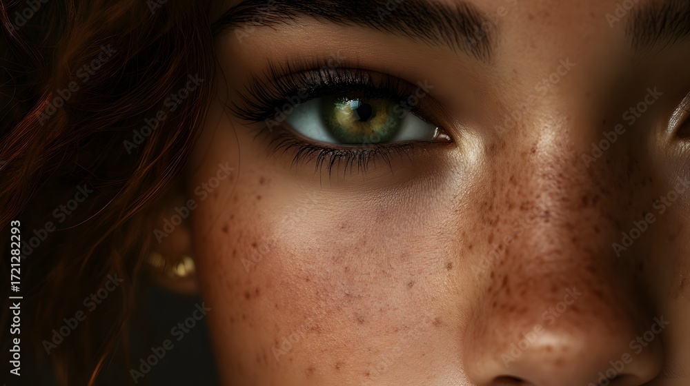 Fototapeta premium Close-up photograph of a young womanâ€™s face, highlighted by a striking green eye and freckled skin.