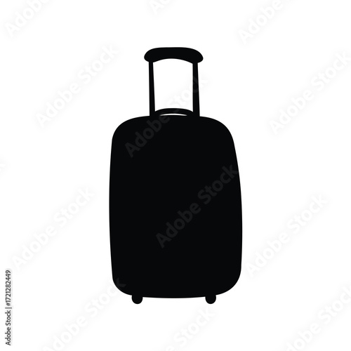 Monochrome illustration of a suitcase silhouette with an extendable handle on wheels