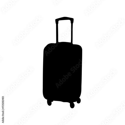 Silhouette of a rolling suitcase standing upright on a white background
