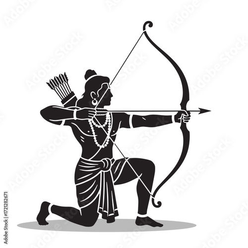 Silhouette of Lord Rama Aiming Bow and Arrow in Warrior Stance