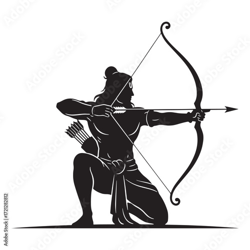 Silhouette of Lord Rama with Bow and Arrow in Warrior Pose